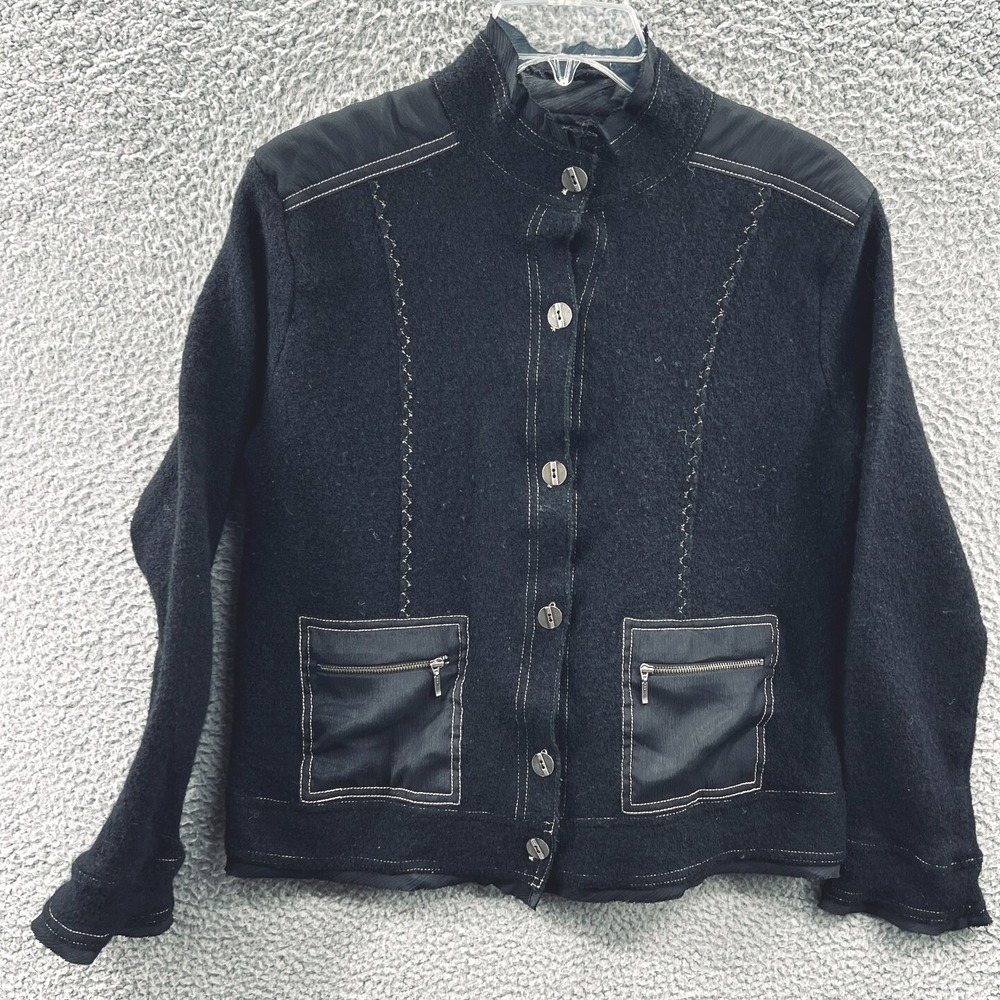 Chicos Womens Wool Jacket L Black Minimalist Stand Collar Button Front Coat